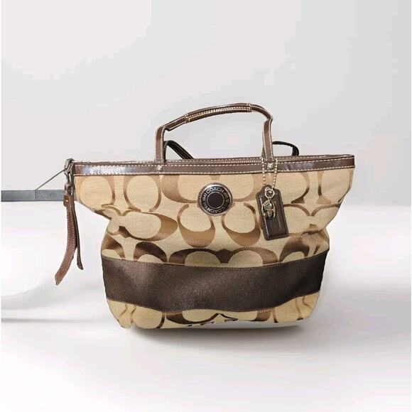 Coach F19046 Authentic Brown & Tan Signature C Stripe Shoulder Tote Purse Bag - Picture 1 of 8
